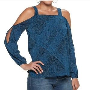 JUICY COUTURE Georgette Blouse Top Cold Shoulder Black Teal Blue